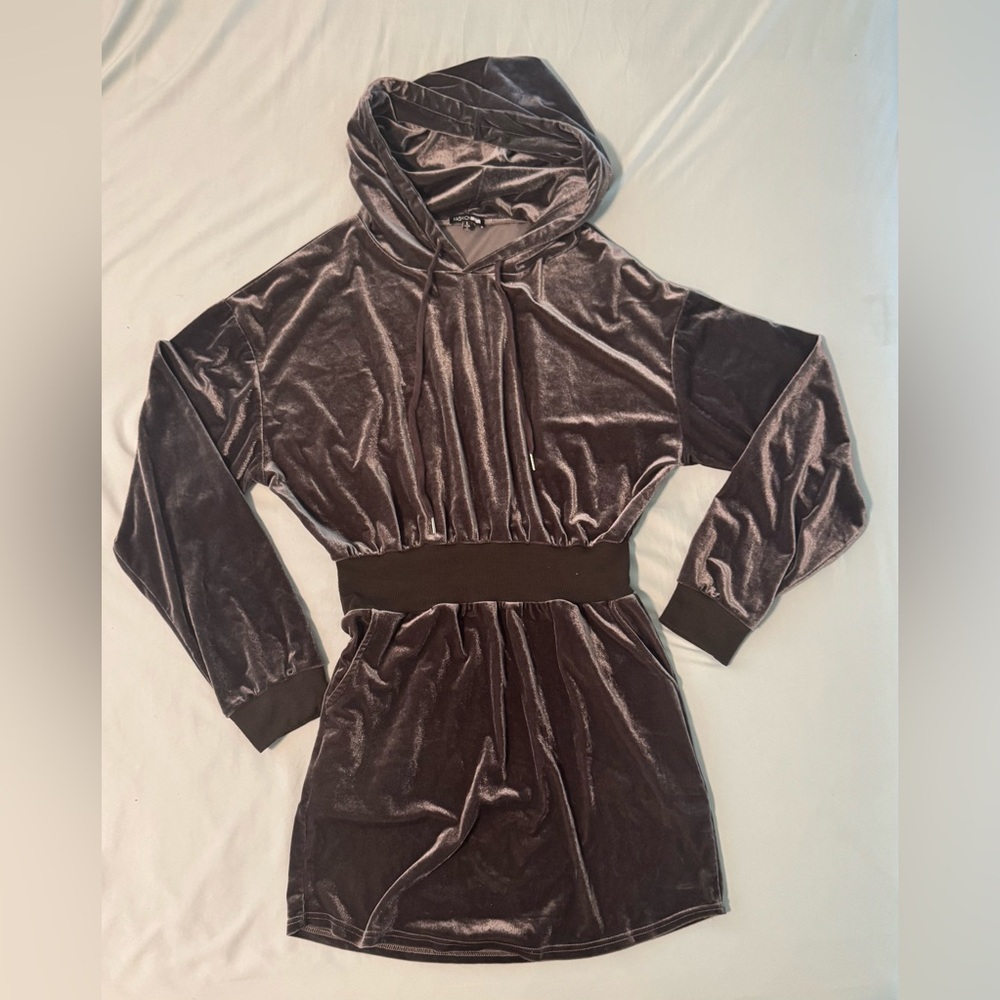 Velvet Hooded Dress in Dark Gray